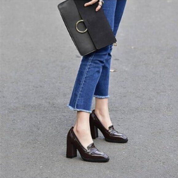 FOWT Dressy High Block Heels Loafers for Women Classical Square Toe Pumps Brown - Picture 1 of 8